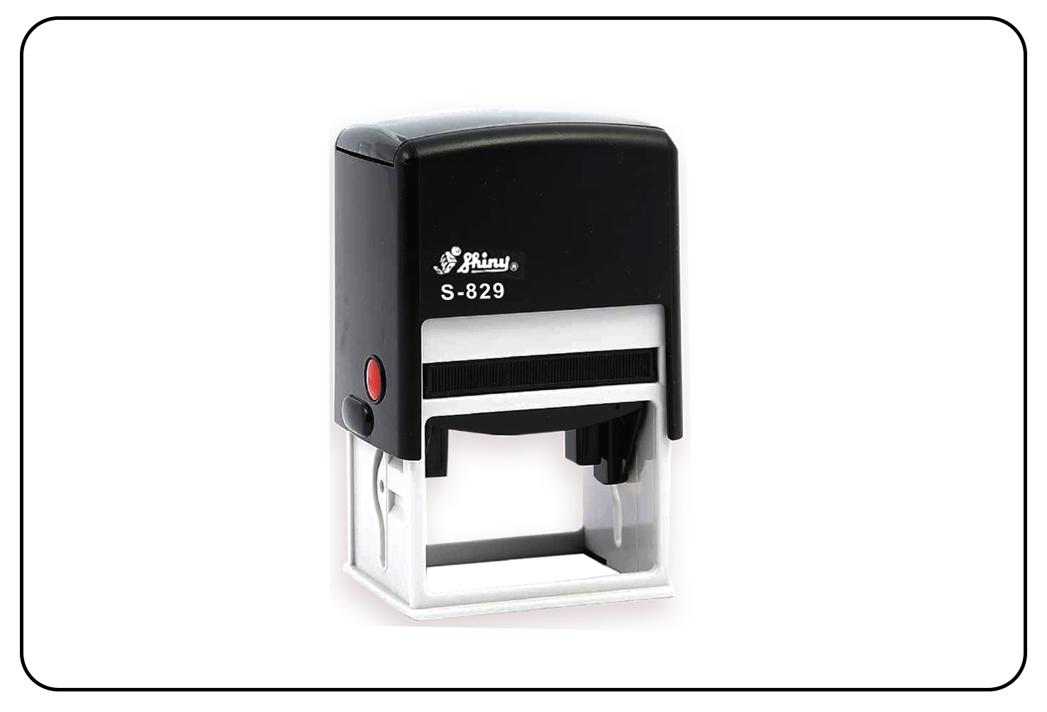 Square self-inking stamp producing clear and crisp impressions.