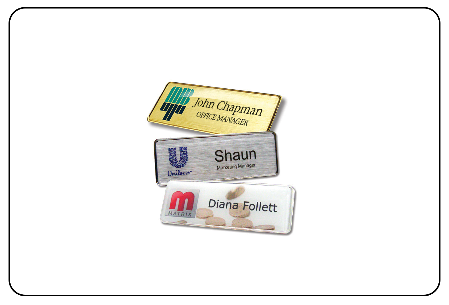 Durable epoxy name badges for professional identification.