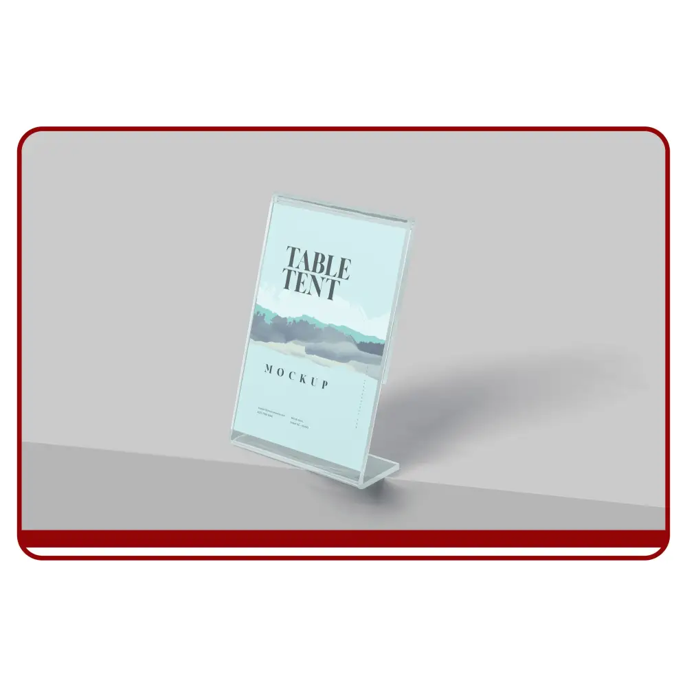 Clear acrylic table tent stand on a gray background