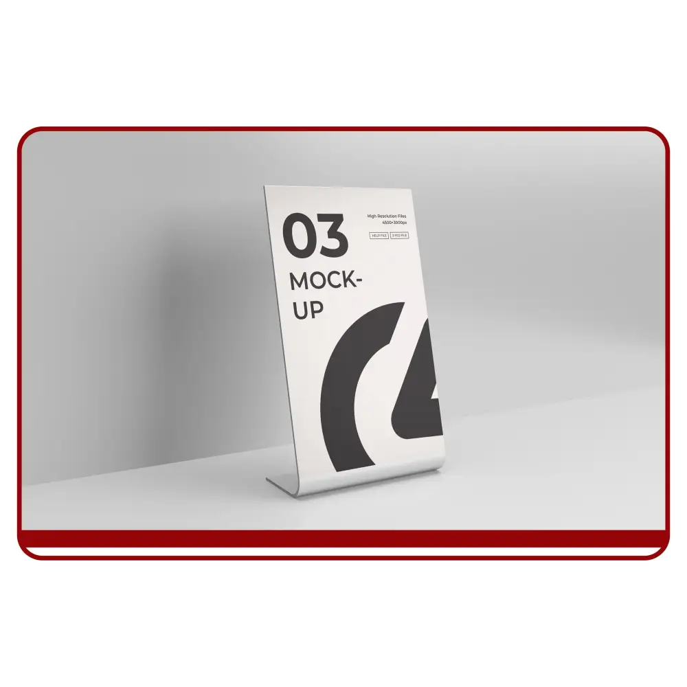 Product mock-up stand with a label on a gray background