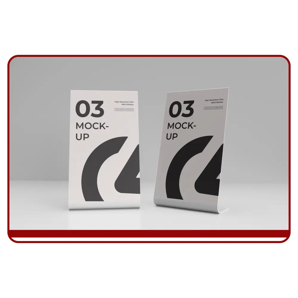 Two paper mock-up stands with '03 Mock-Up' text on a gray background