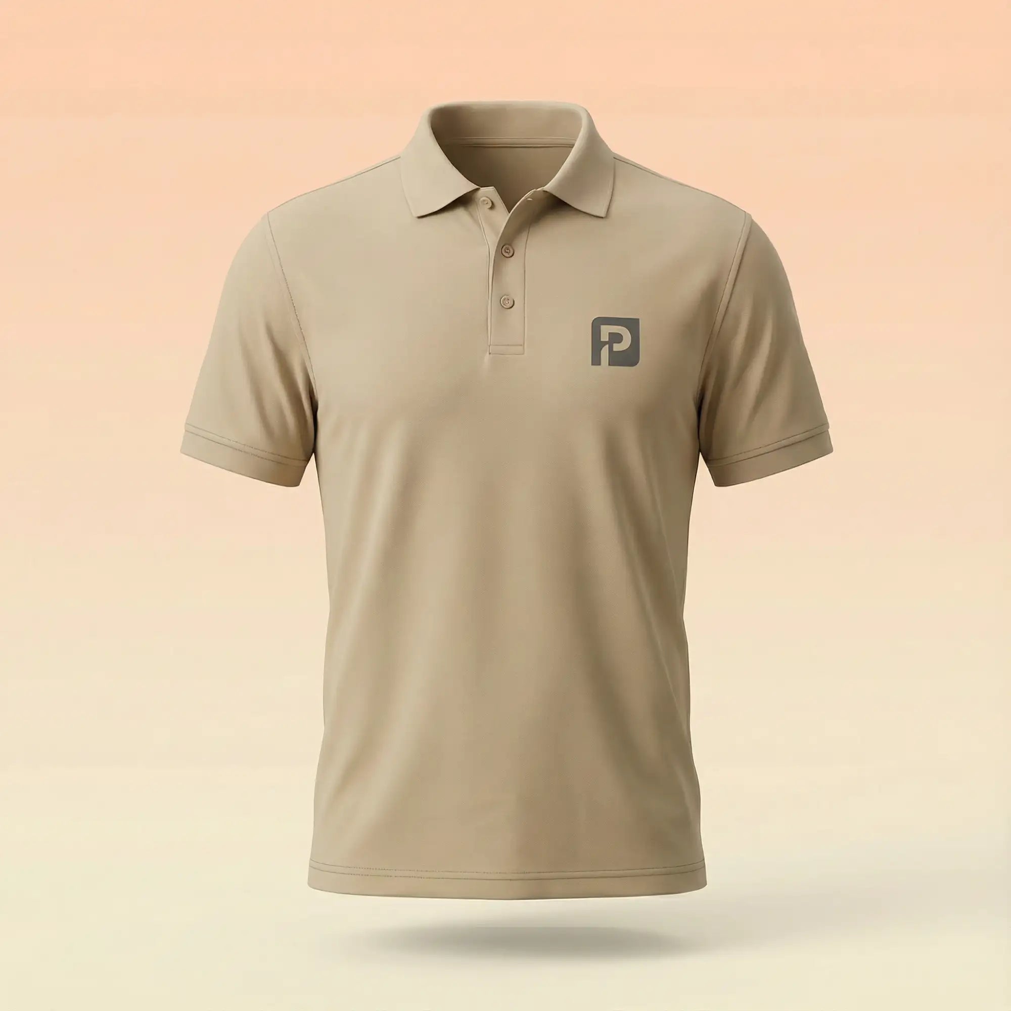Beige short-sleeved polo shirt with a subtle gray logo on the left chest.