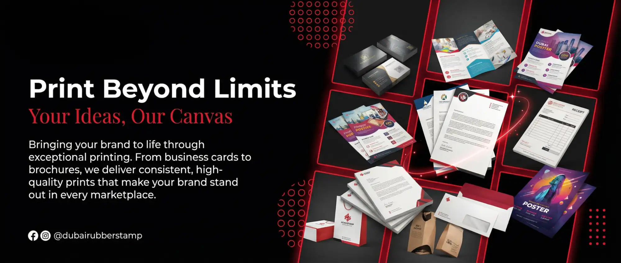 Black business cards with a glossy finish and subtle red circular accents.