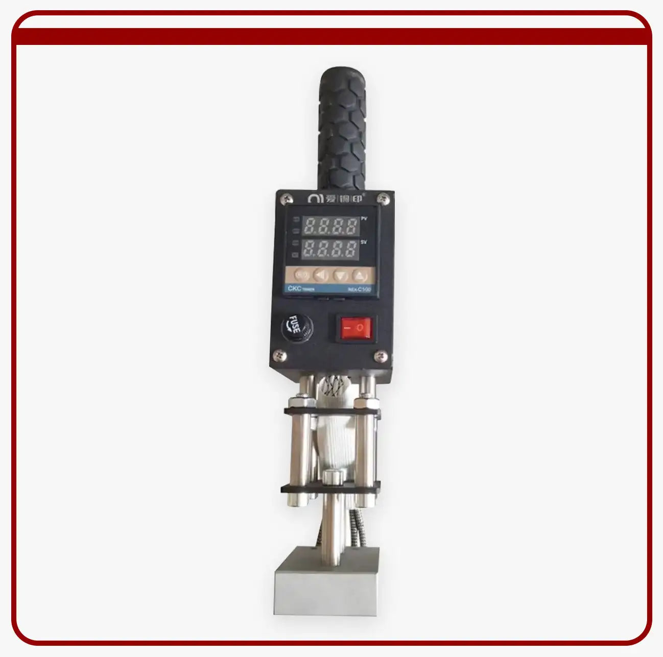 Black digital heat press with a textured grip handle and metallic clamping mechanism.