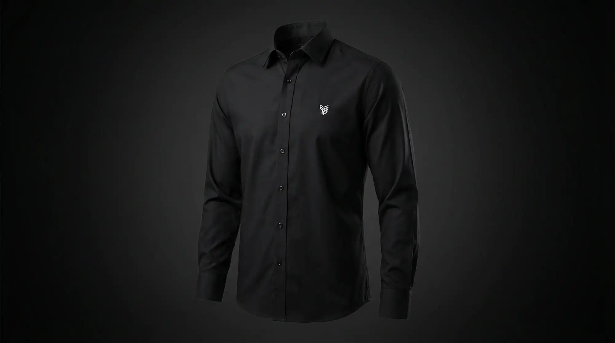 Black long-sleeved button-up shirt with a subtle white embroidered logo on the left chest.