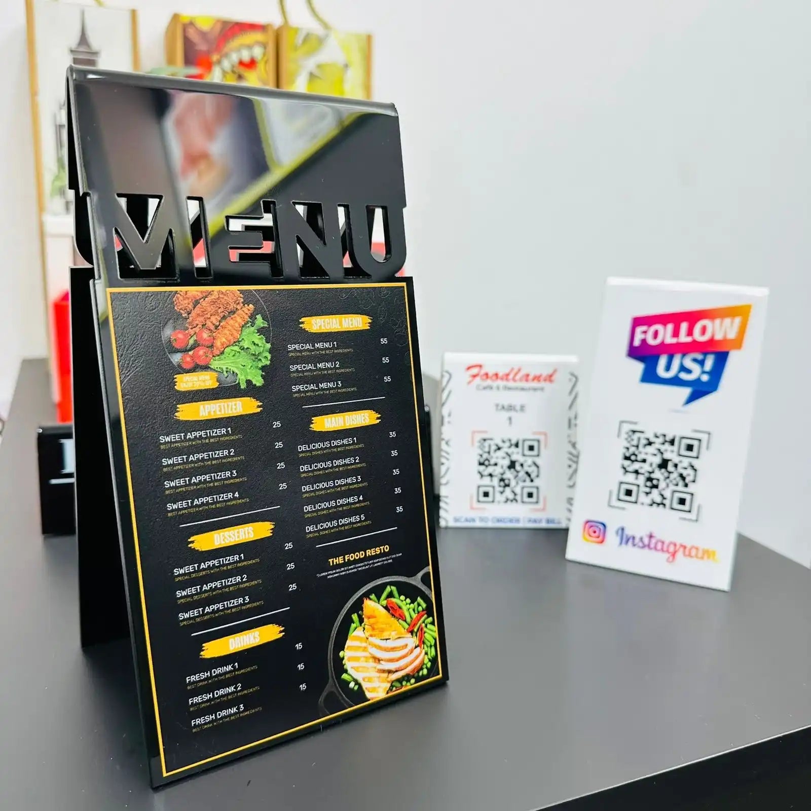 Black menu board with gold trim displaying food items and prices.