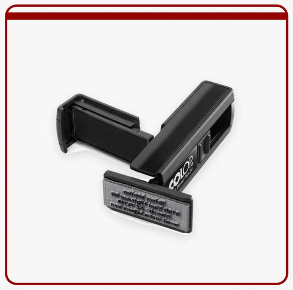 Black plastic stamp with a silver metal impression plate, featuring the ’color’ brand name on its side.
