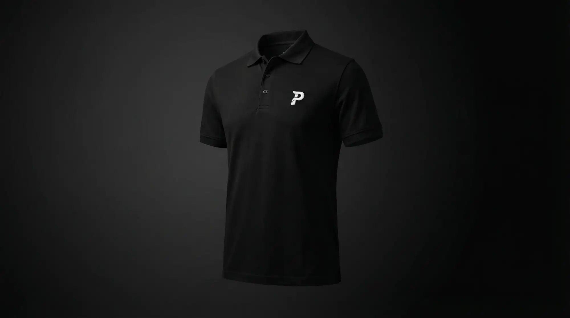 Black polo shirt with a white embroidered logo on the left chest.