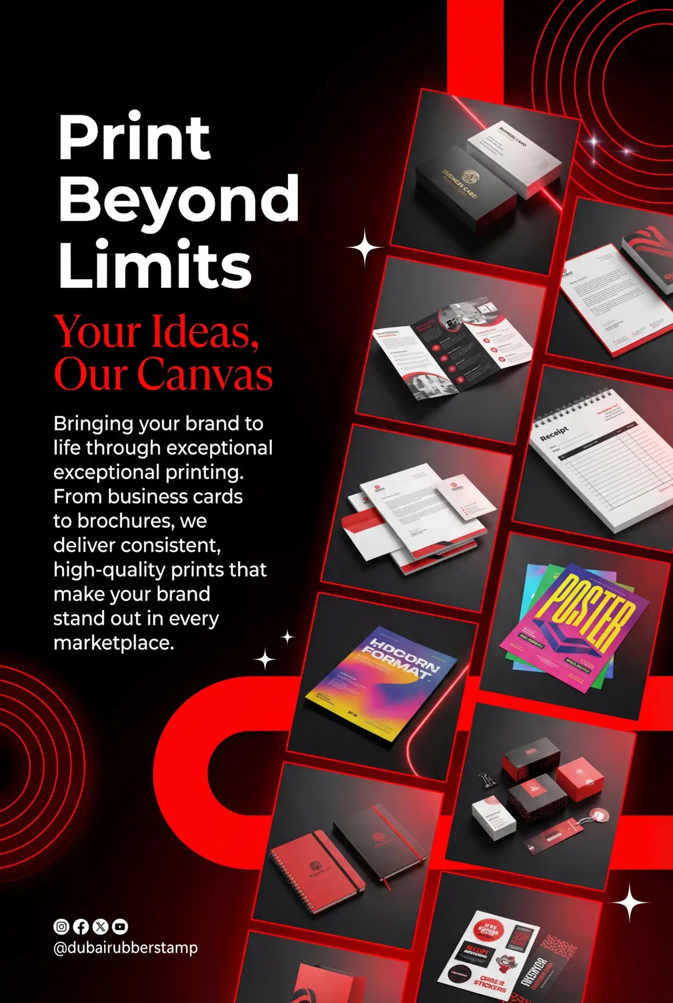 Black and red business cards with sleek, modern design.