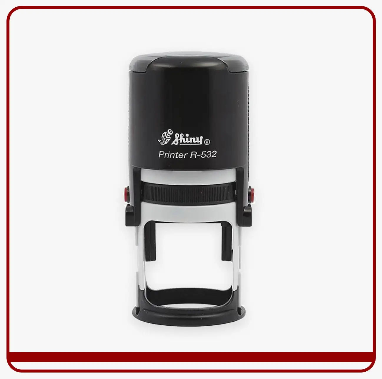 Black and silver shiny printer r-532 self-inking stamp with a sleek, cylindrical design.