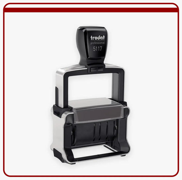Black and silver trodat professional 5117 self-inking stamp with a sleek, ergonomic design.