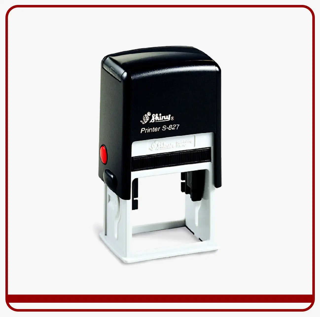 Black and white self-inking stamp with a red button, branded ’shiny printer s-827’’.