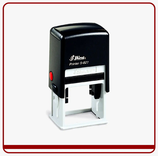 Black and white self-inking stamp with a red button, branded ’shiny printer s-827’’.