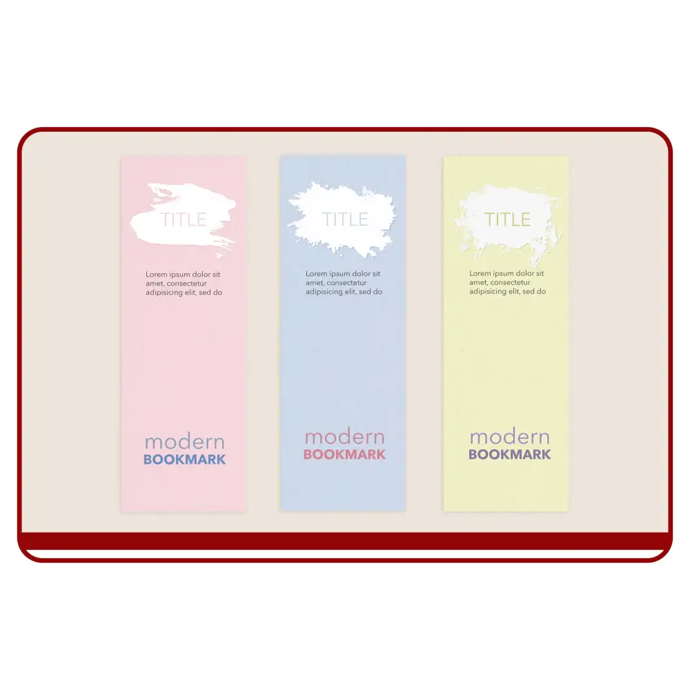 Set of three pastel-colored bookmarks with 'modern bookmark' text on a white background.