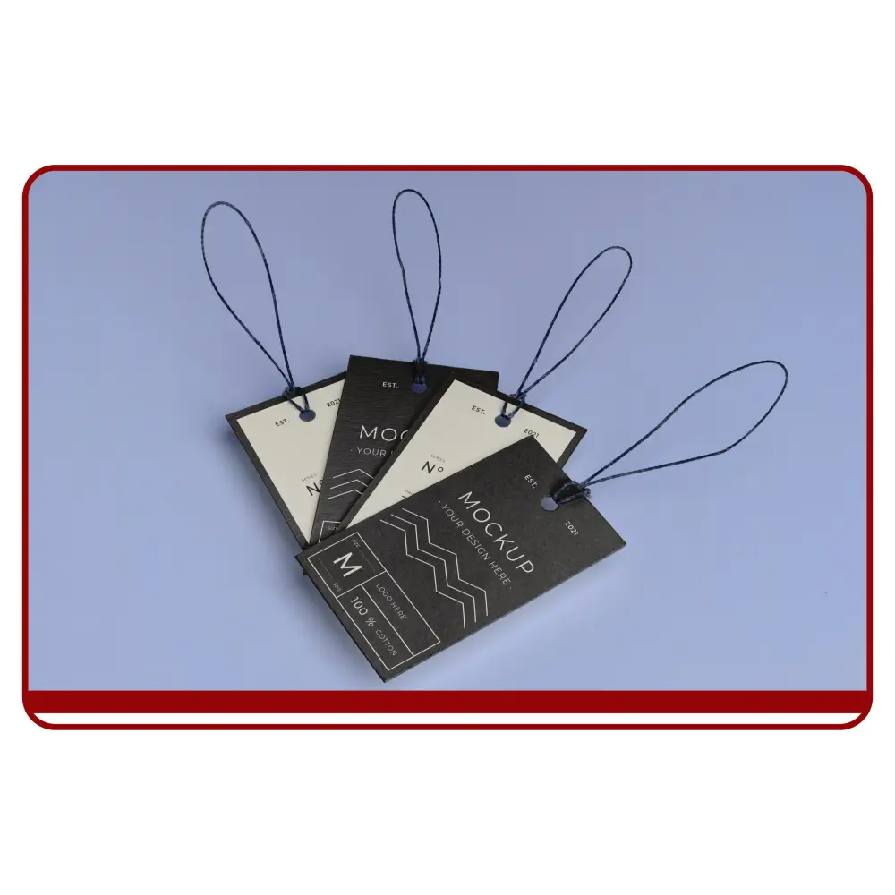 Set of product tags with 'MOOK' branding on a blue background