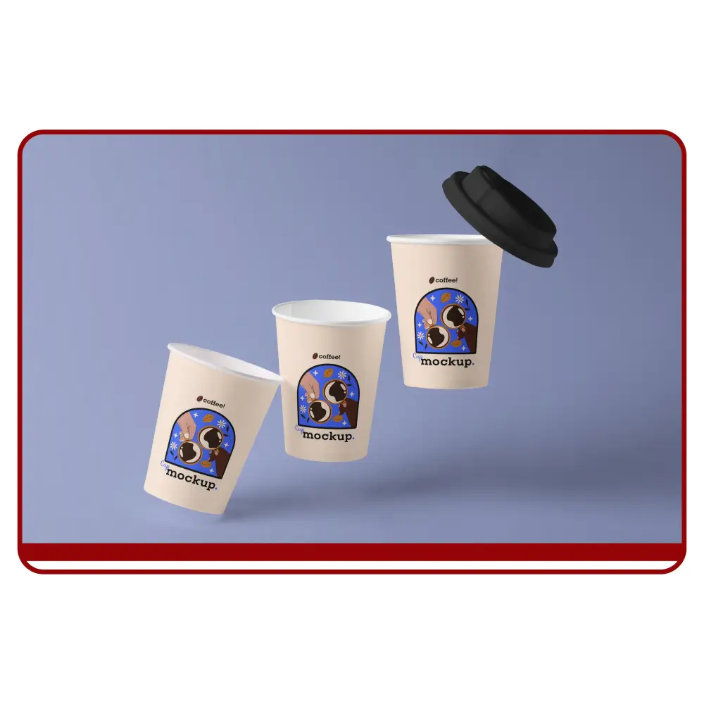 Three paper cups with a design on a blue background