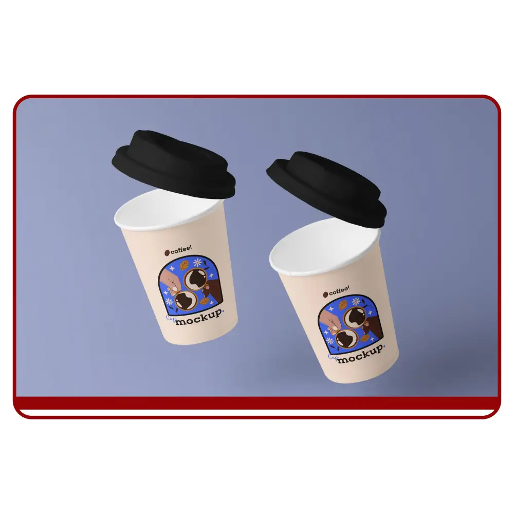 Two paper cups with black lids on a blue background
