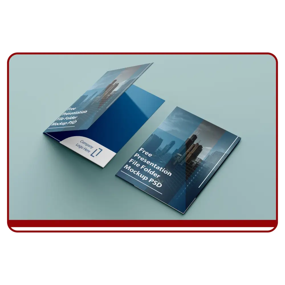 Blue presentation file folders on a light blue background