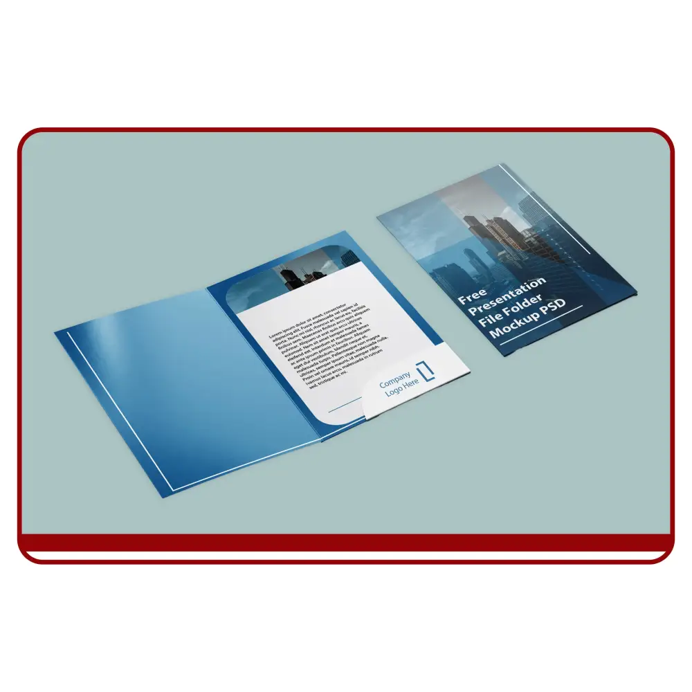 Blue presentation file folder with a mockup on a light blue background