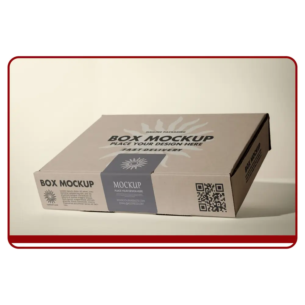 Cardboard box mockup with QR code on a beige background