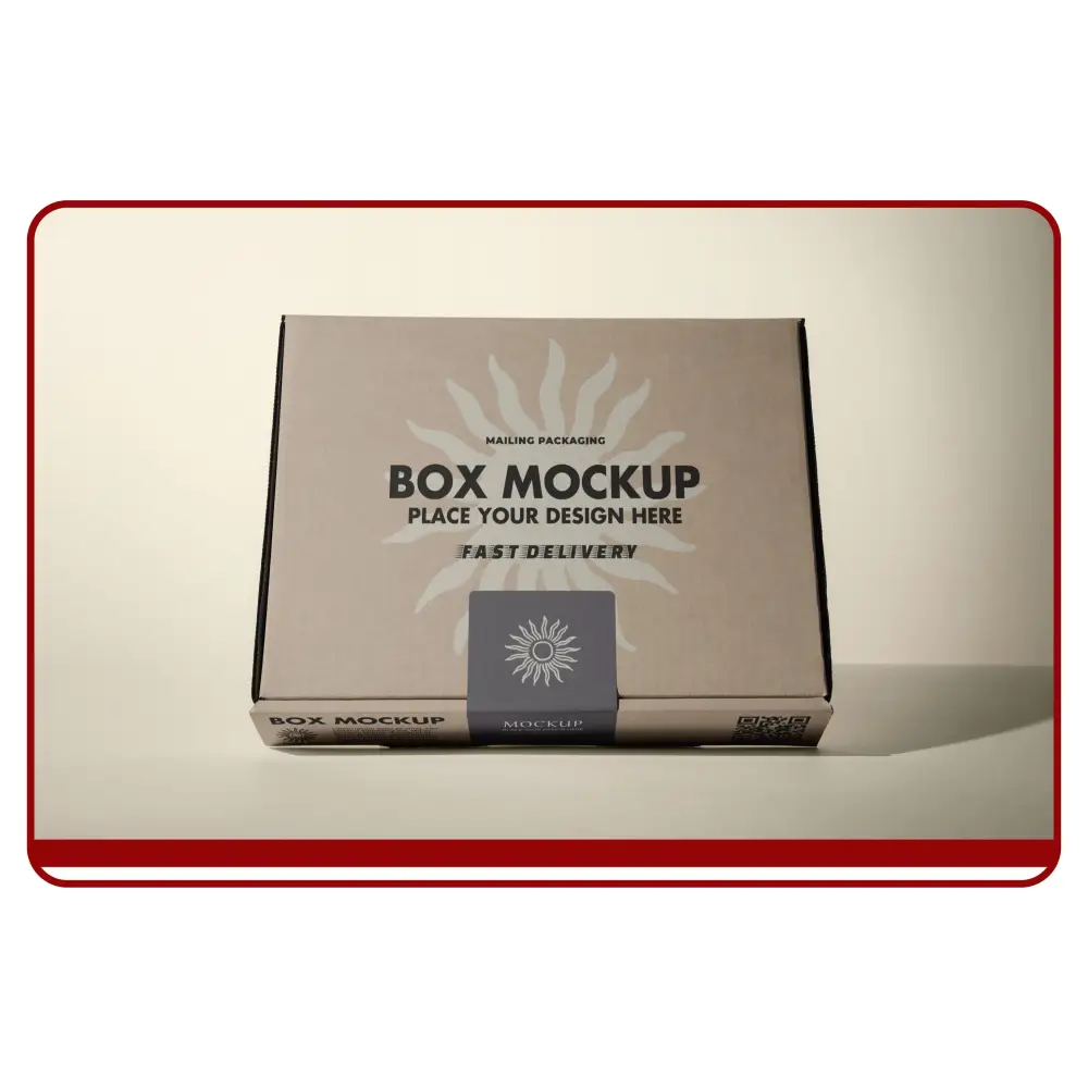 Cardboard box mockup with placeholder text on a beige background