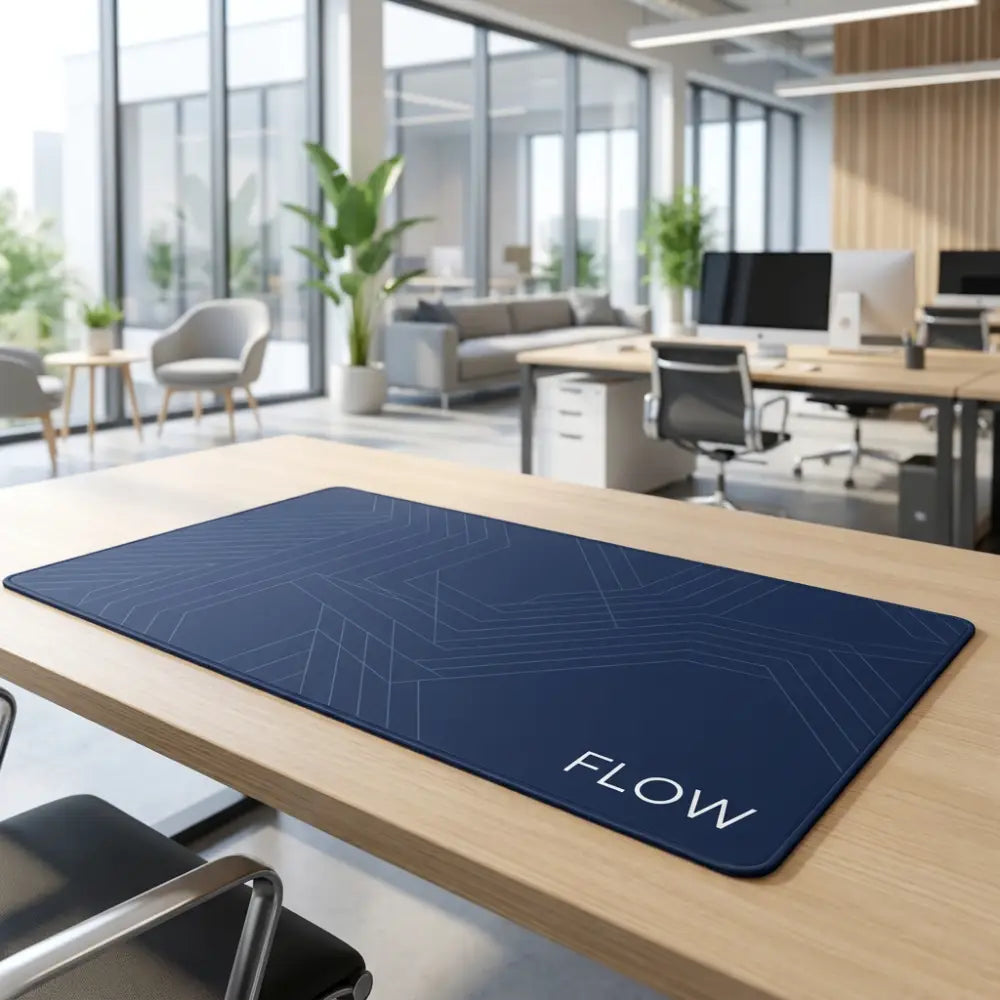 Blue 'FLOW' desk mat on a wooden desk in an office setting