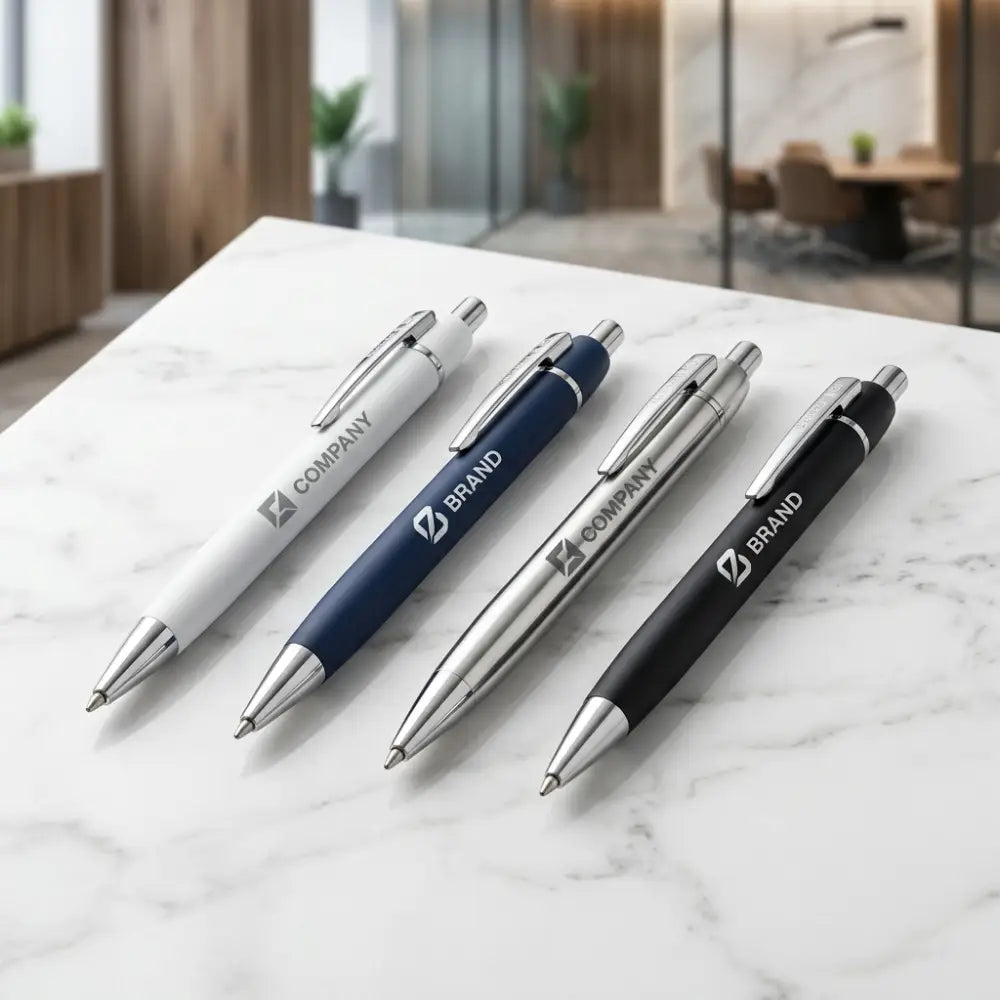 Four branded pens on a marble surface with an office background