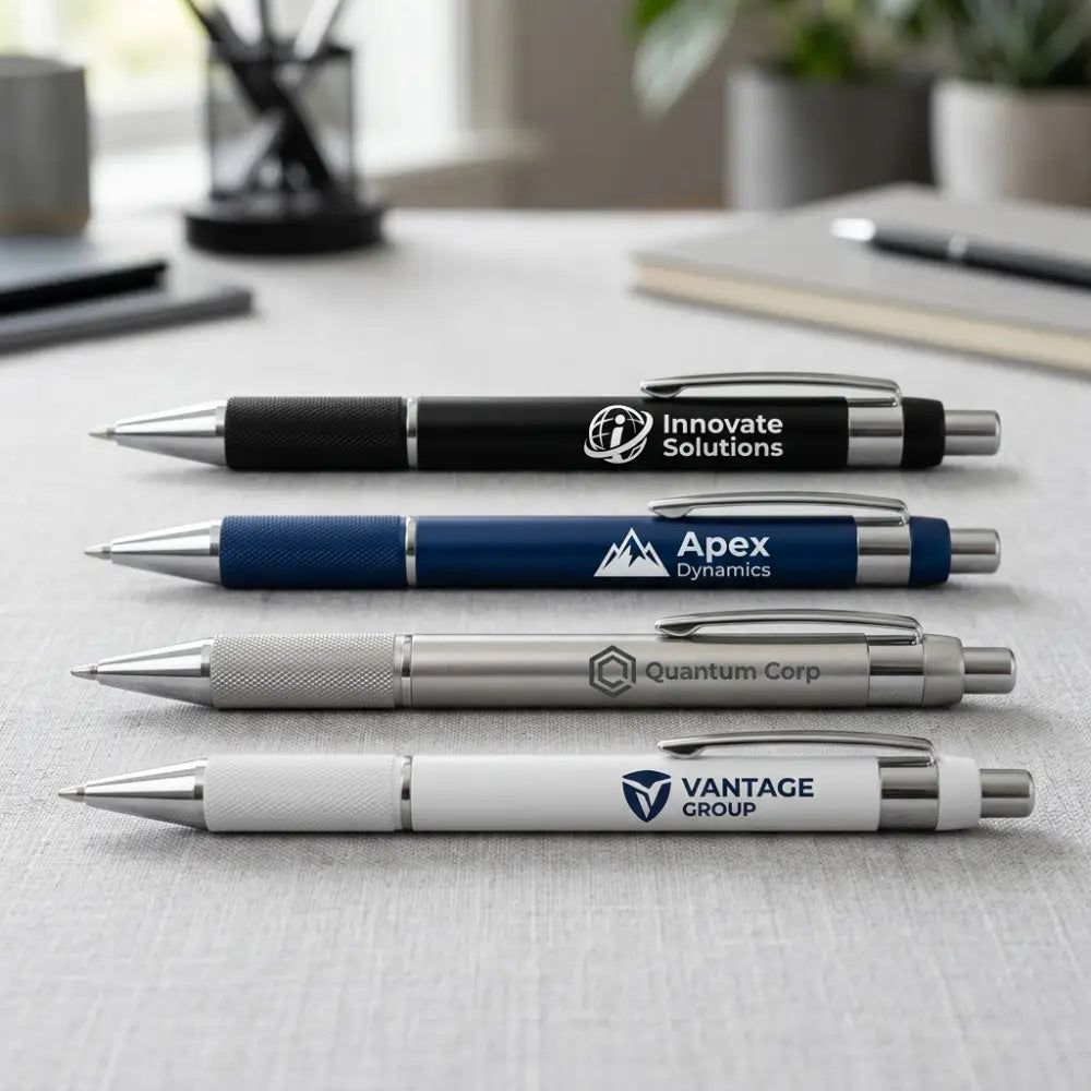 Set of branded pens from Innovate Solutions, Apex Dynamics, Quantum Corp, and Vantage Group on a desk.