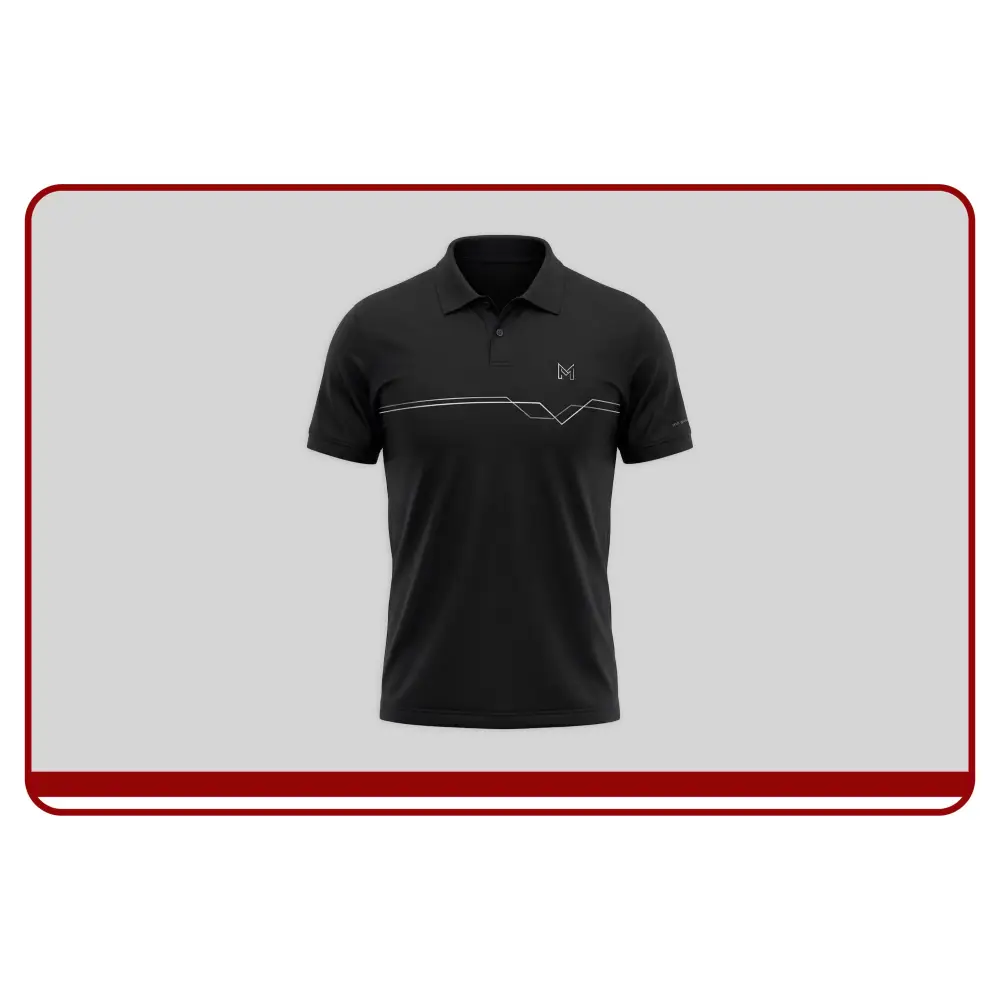 Black polo shirt with a logo on a light gray background