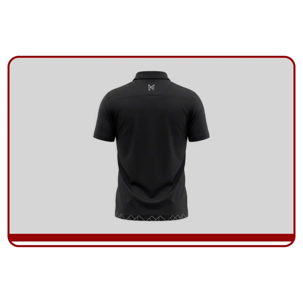 Black polo shirt with a logo on the chest against a light gray background