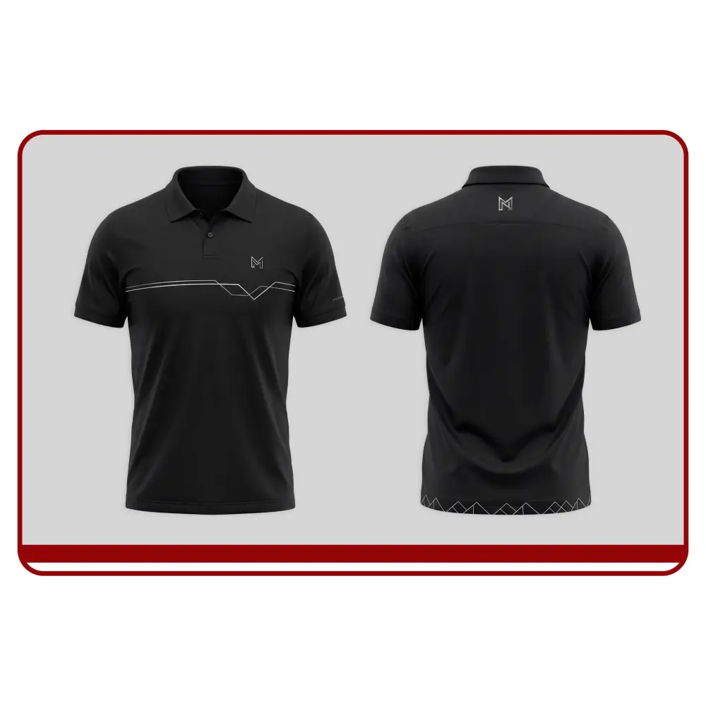 Black polo shirt with a logo on a gray background