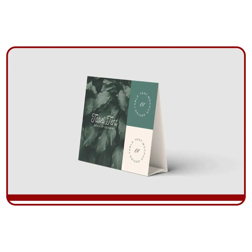 Table tent card with leaf pattern and text on a white background