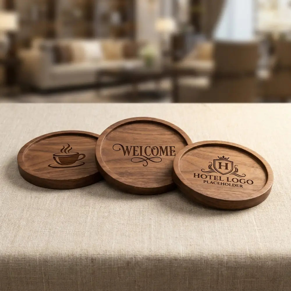 Three wooden coasters with engraved designs on a textured surface.