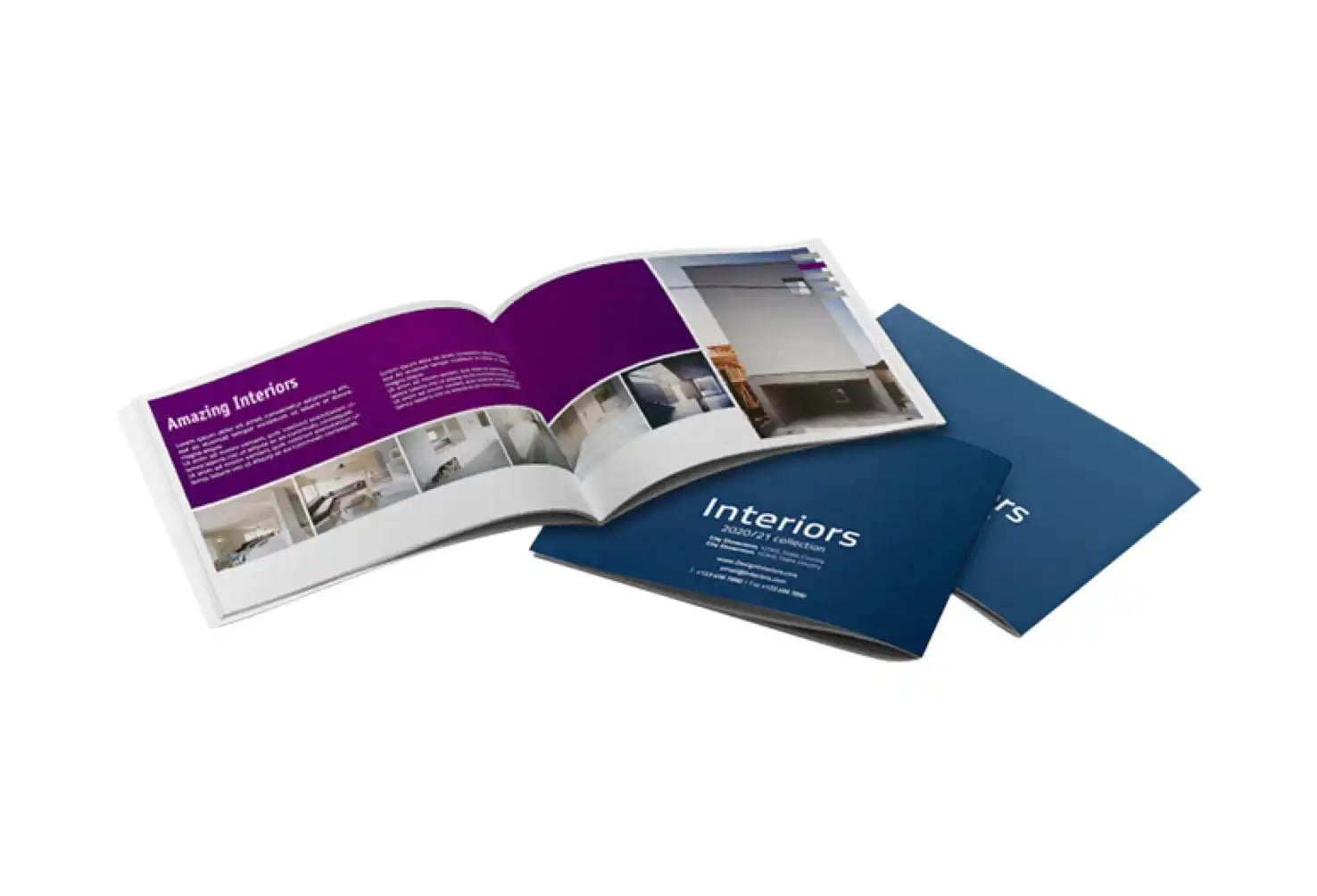 Marketing brochure with purple and blue pages displaying interior design content.