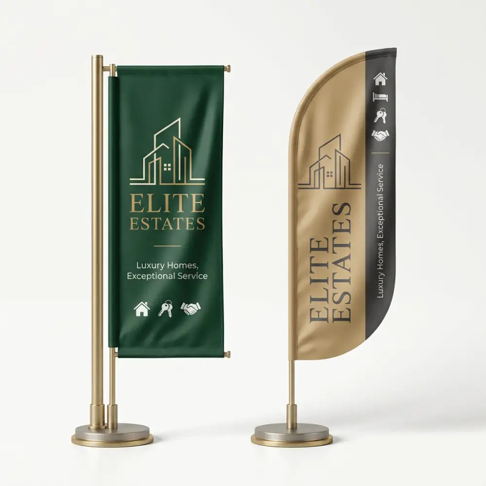 Two Elite Estates branded flags on stands against a white background