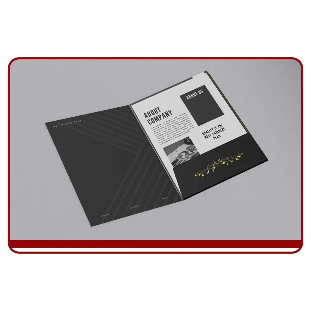 Open brochure with 'About Us' and 'About Company' sections on a gray background