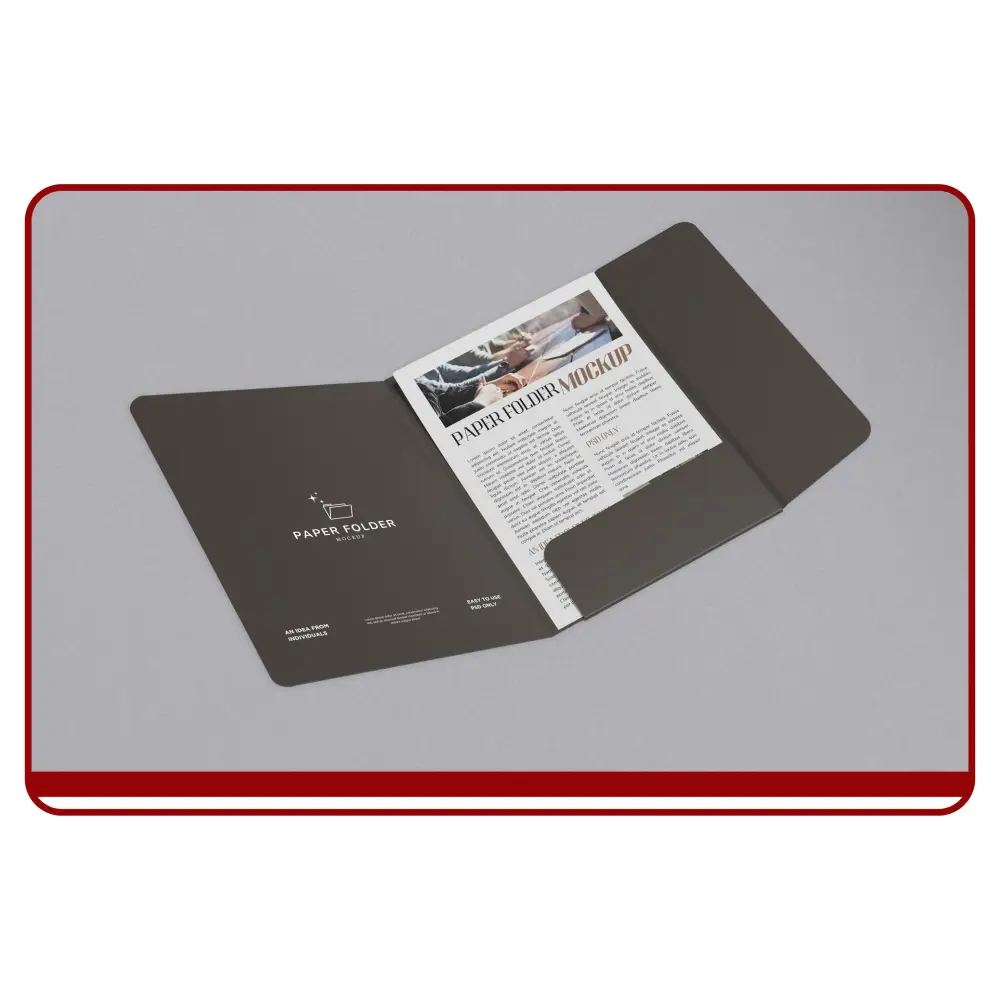 Black paper folder with a mockup of a document on a gray surface