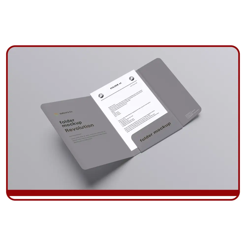 Gray folder mockup with open pages on a light gray background