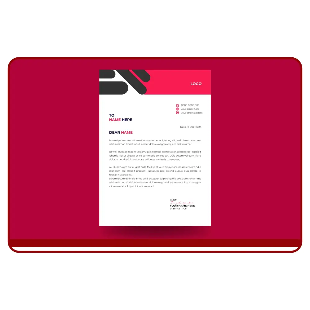 Design of a letter on a red background with a logo at the top.