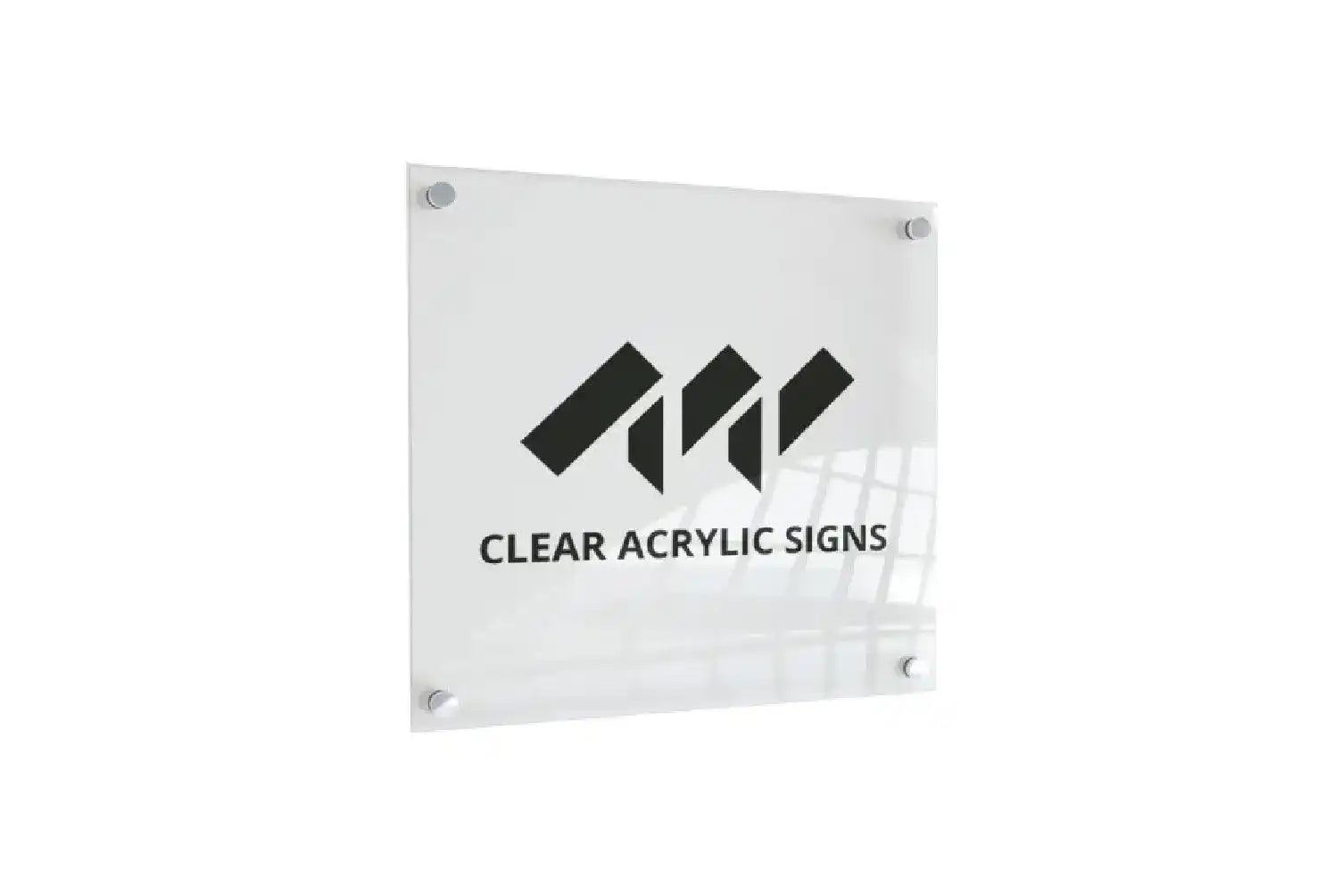 Clear acrylic sign with a black geometric logo and text mounted on standoffs.