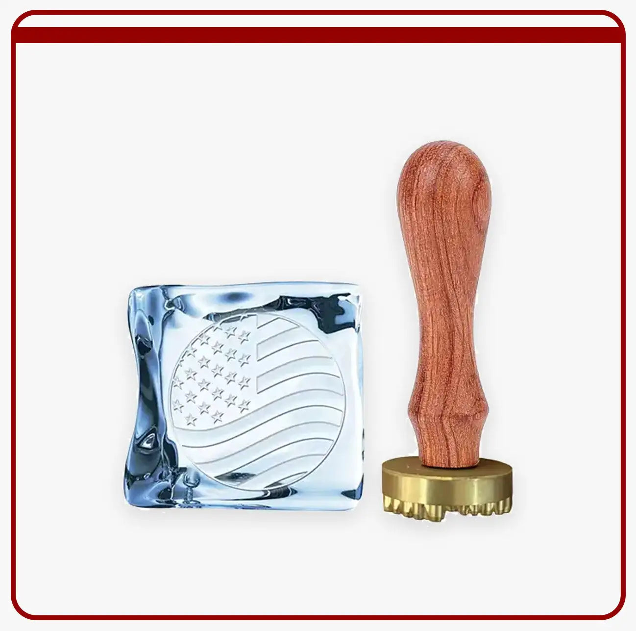 Clear glass stamp with an engraved american flag design, paired with a wooden handle and brass base.