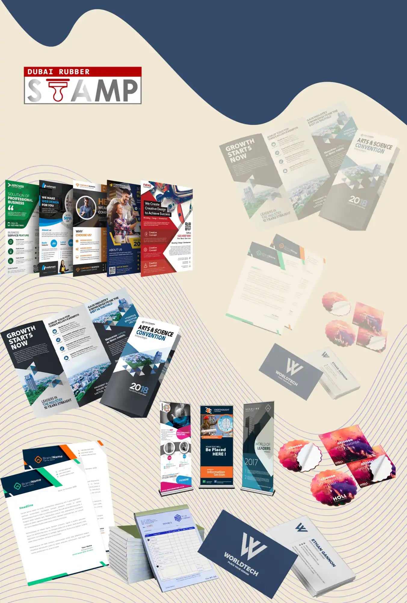 Collection of business cards, brochures, and marketing materials spread out in a display.