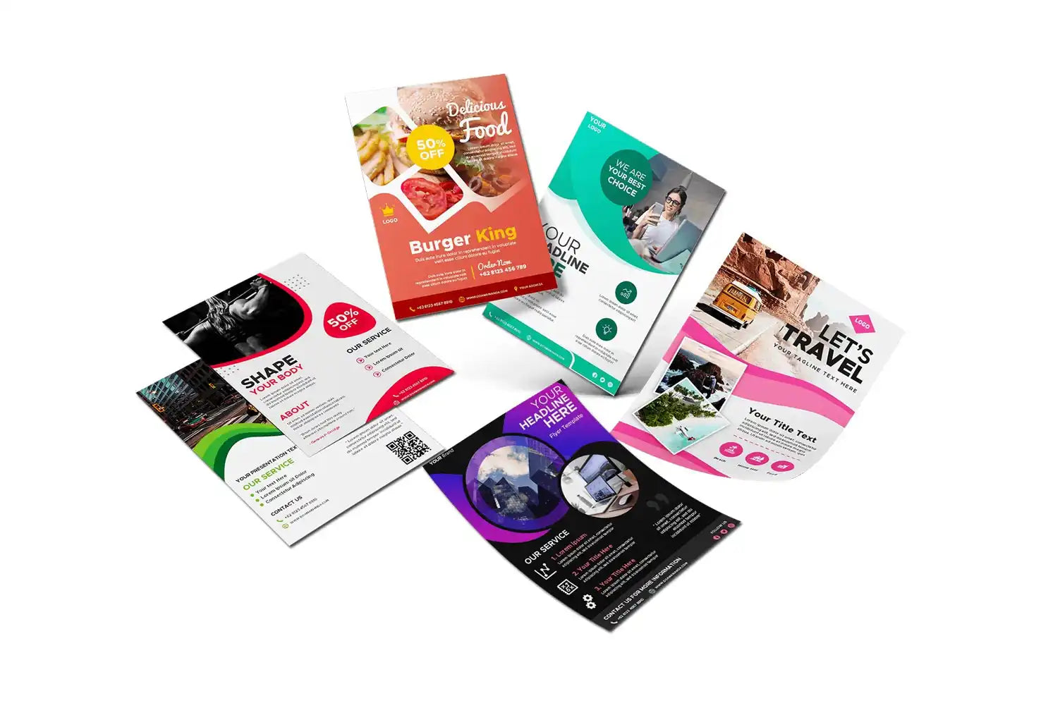 Collection of colorful marketing flyers and brochures spread out in a fan arrangement.