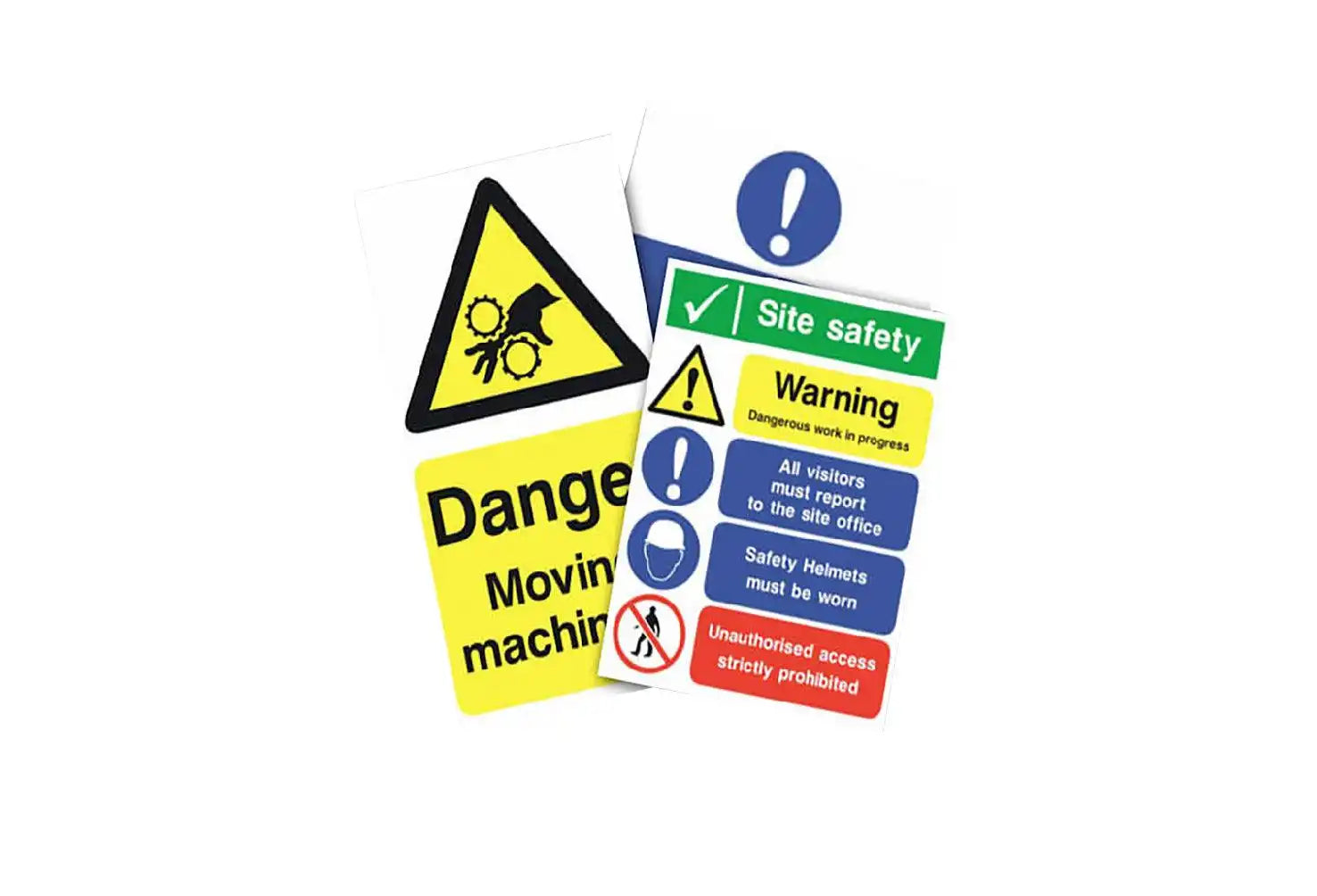 Collection of colorful safety warning signs and symbols.