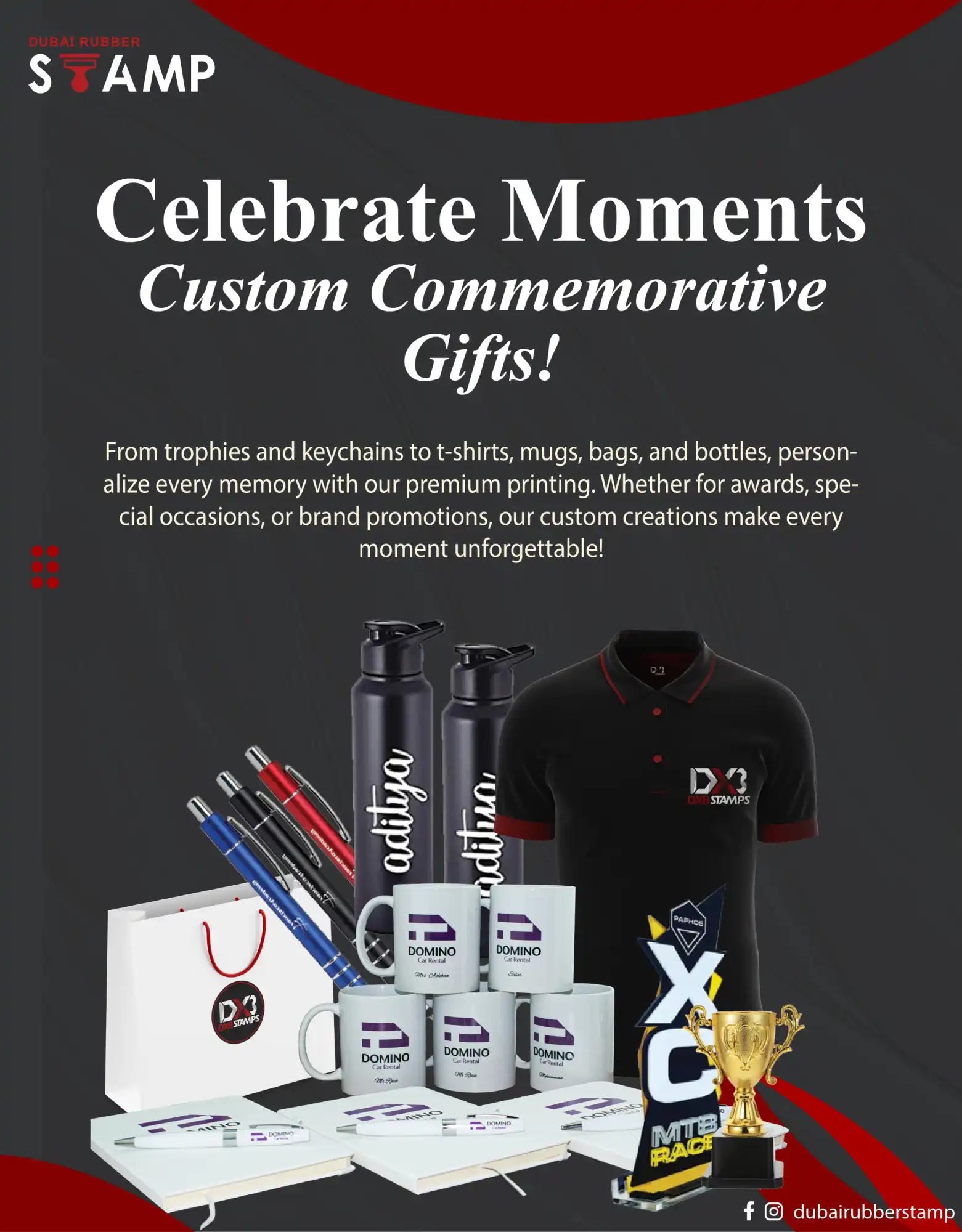 A collection of custom-printed corporate gifts including apparel, drinkware, stationery, and awards.