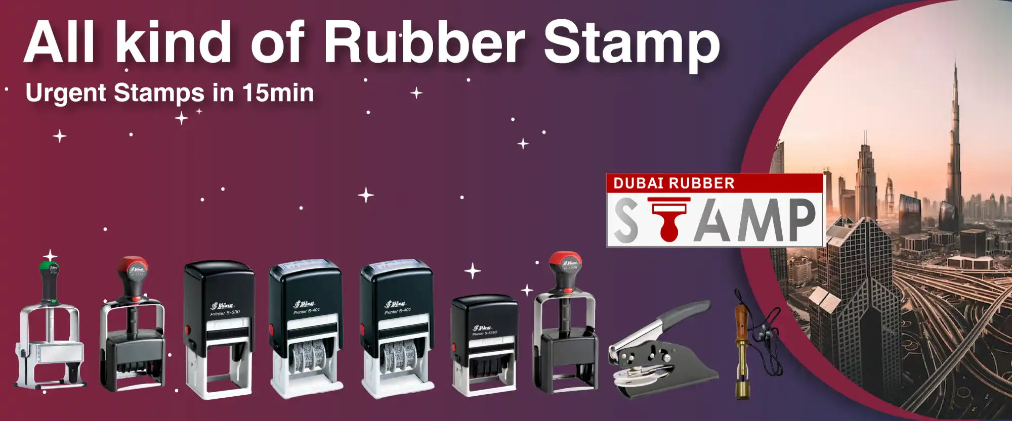 Collection of rubber stamps with various designs and shapes.