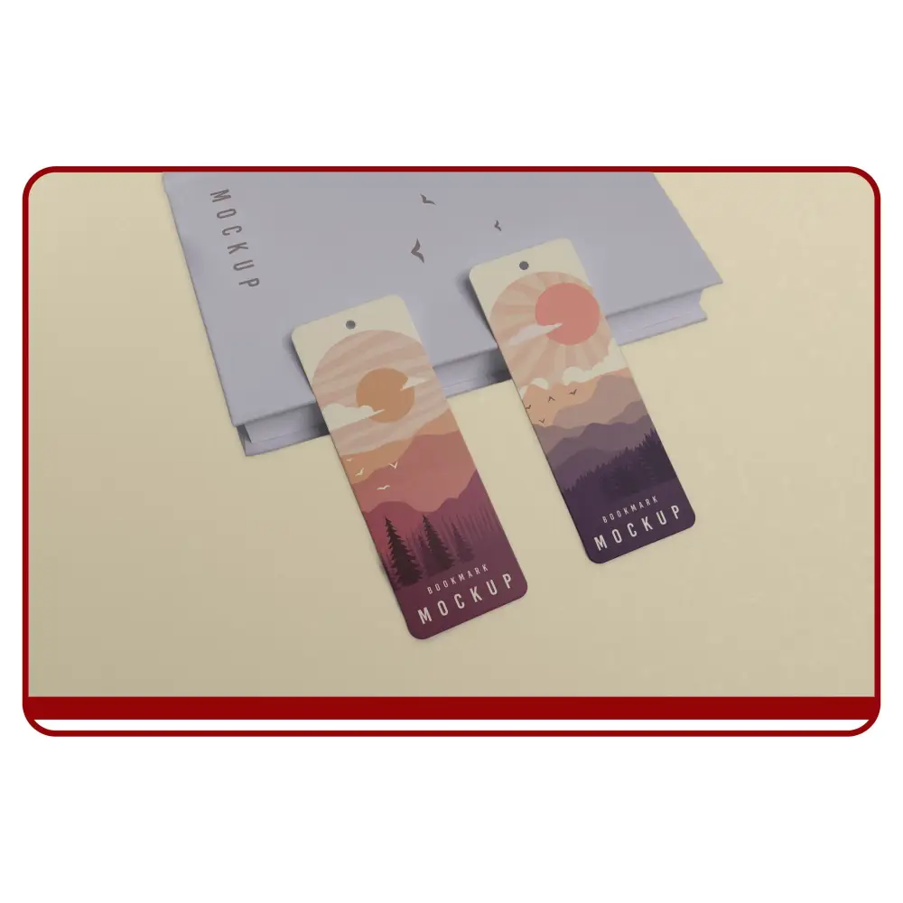 Two bookmark mockups with sunset design on a beige surface