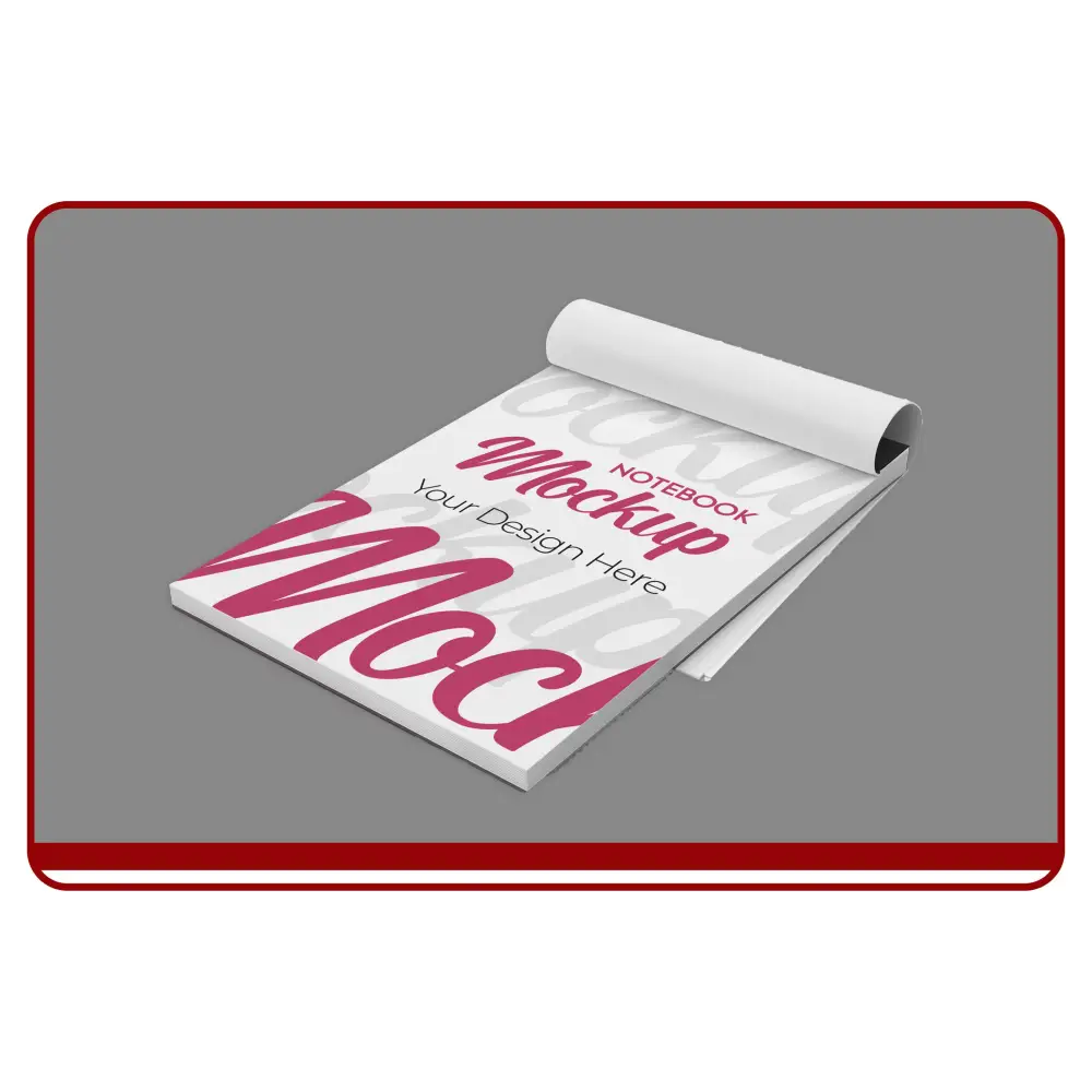 Notebook mockup with 'Your design here' text on a gray background