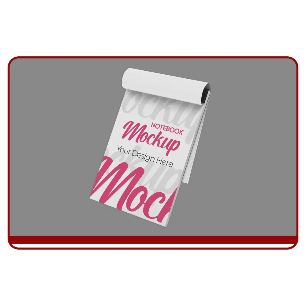 Notebook mockup with text on a gray background