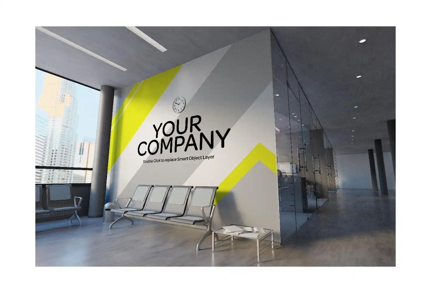 Corporate office wall mockup featuring a company logo design with yellow geometric accents.